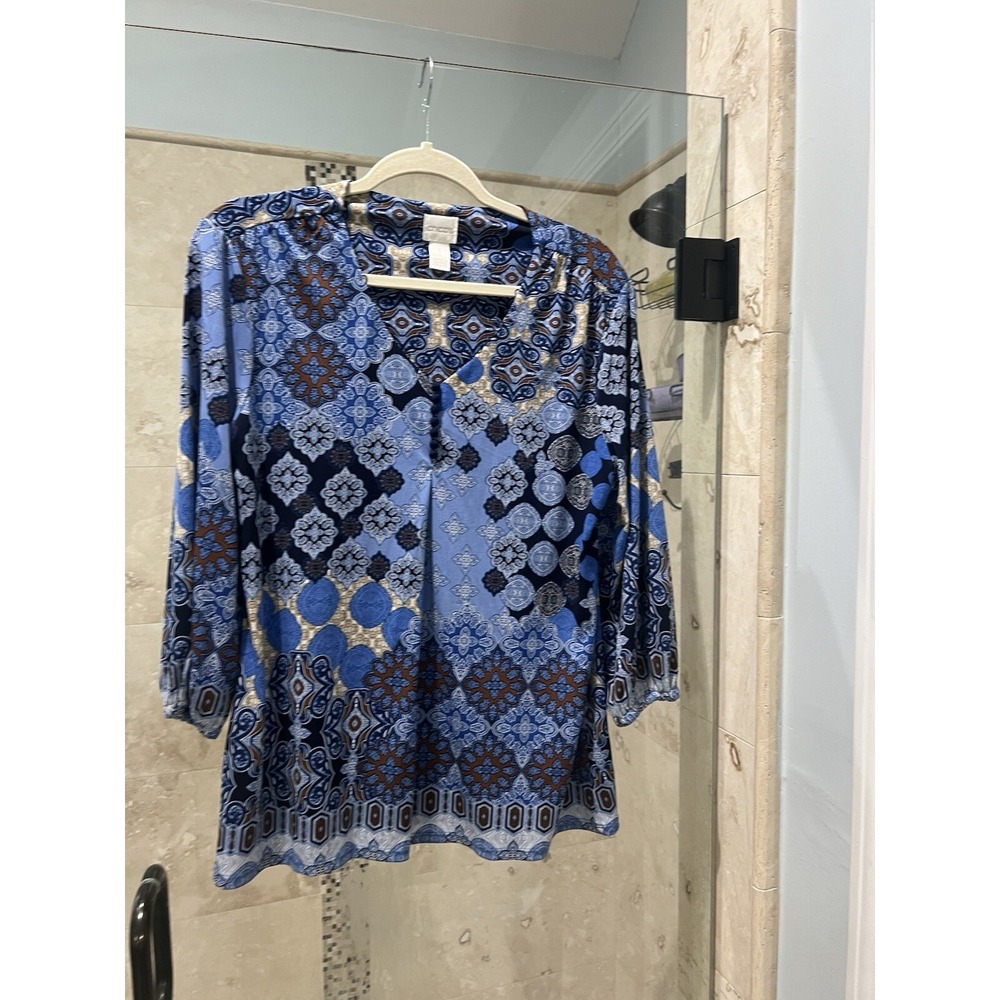 Chico's Emotional Medallion Button-Detail Top Size 1 Blue Jersey Blouse
